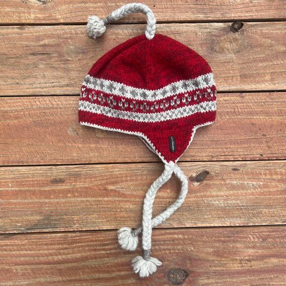 Everest Designs Wool Beanie Ear Flap Red Fair Isle Hand Knit Nepal Tassel Hat - Picture 8 of 13